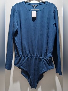 Women's Long-Sleeve Navy Blue Gathered Waist Bodysuit